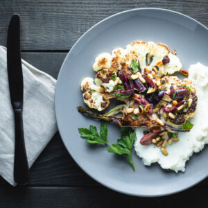 Cauliflower Steaks And Puree Overhead