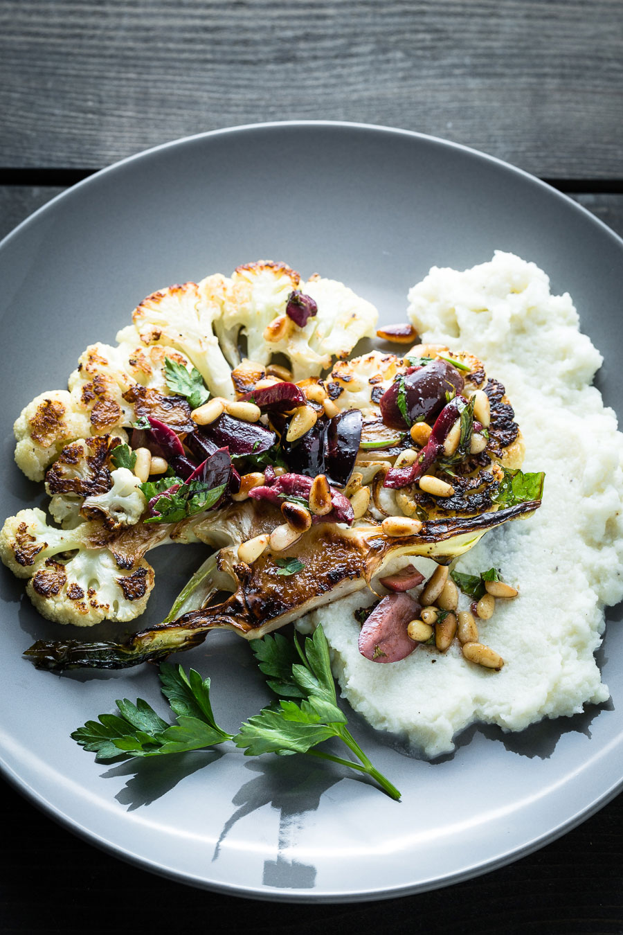 Cauliflower Steaks And Puree Overhead close up