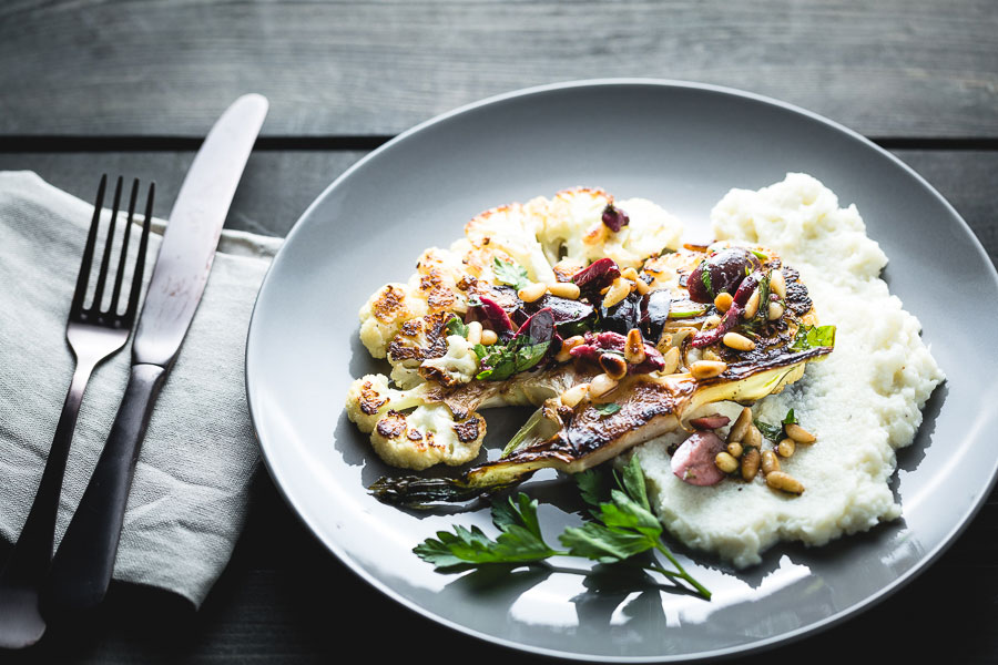 Cauliflower Steaks And Puree Overhead