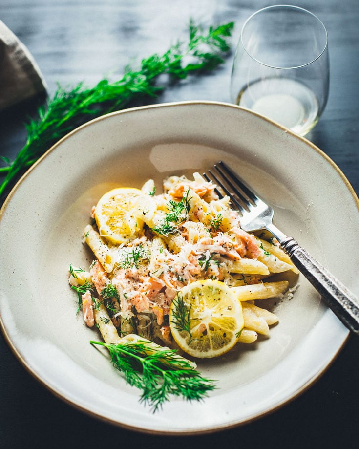 Creamy Lemon Vodka Salmon Pasta in bowl