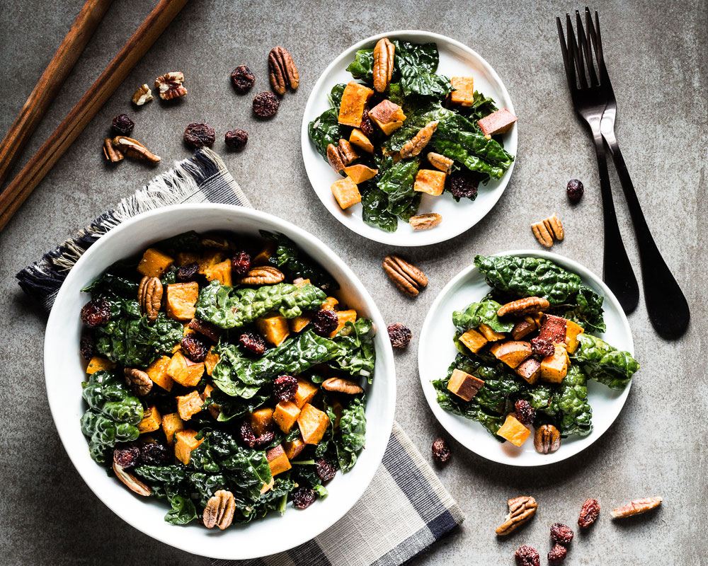 Kale Salad with Roasted Sweet Potatoes and apple cider vinaigrette