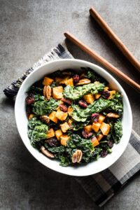 Kale Salad with Roasted Sweet Potatoes overhead vertical