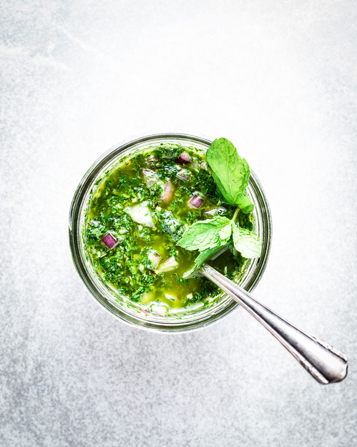 Mint Chimichurri in jar overheadMint Chimichurri in jar