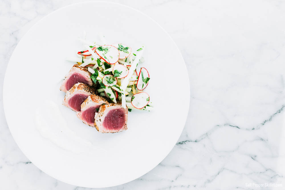 Seared Tuna + Kohlrabi Slaw and Ginger-Lime Aioli