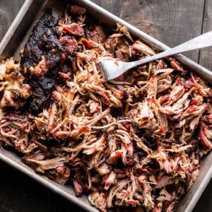 Smoked Pork Shoulder - pulled pork on sheet pan horizontal