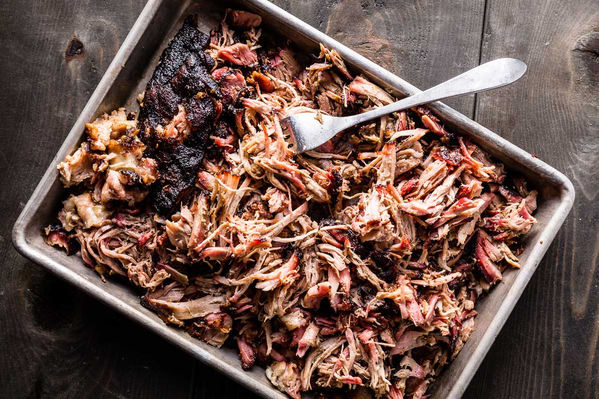 Smoked Pork Shoulder - pulled pork on sheet pan horizontal