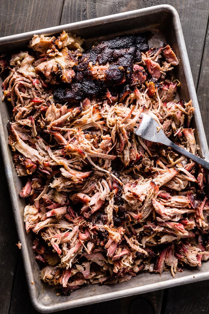 Smoked Pork Shoulder - pulled pork on sheet pan