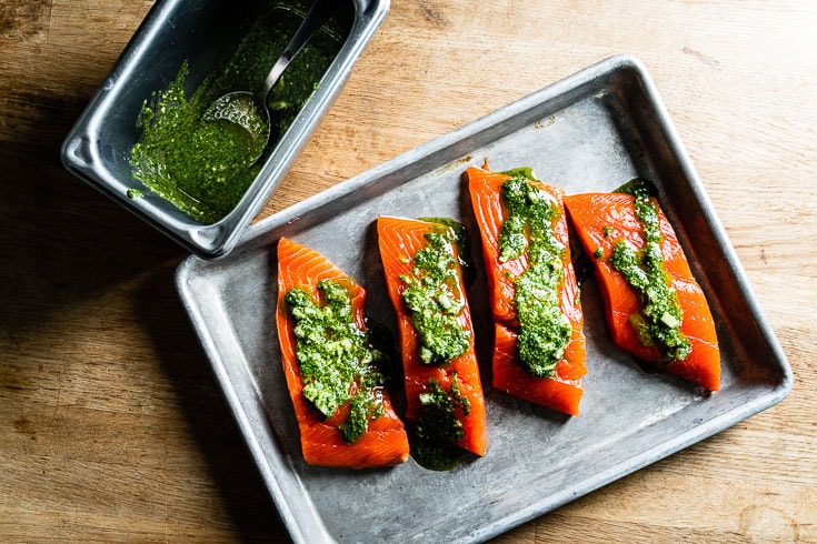 alaskan salmon filets with chimichurri on sheet pan