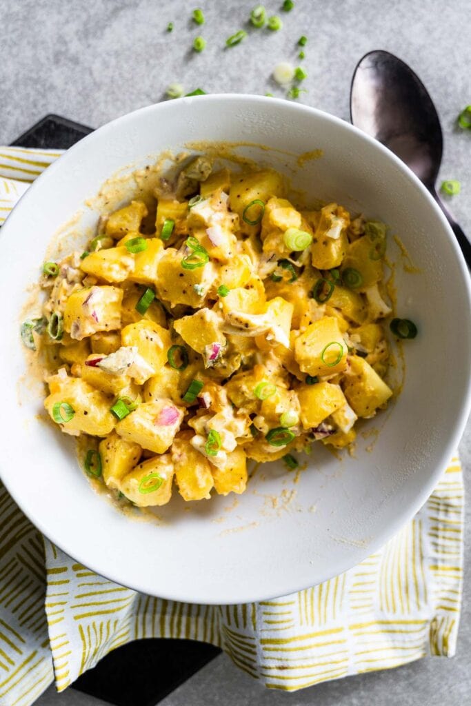 american potato salad in bowl overhead 2