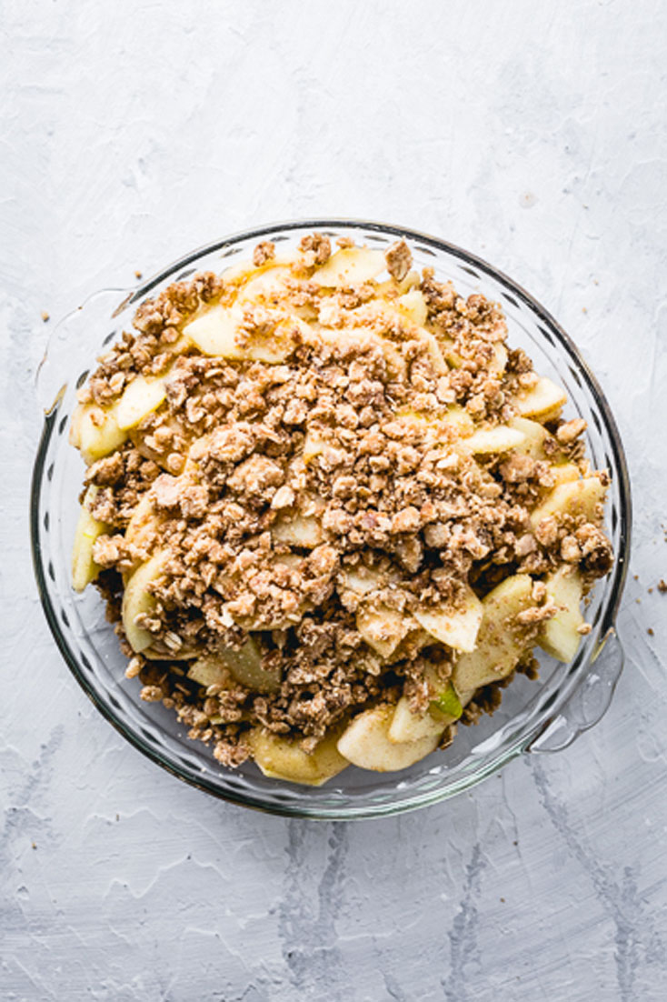 apple crisp assembled in pie plate