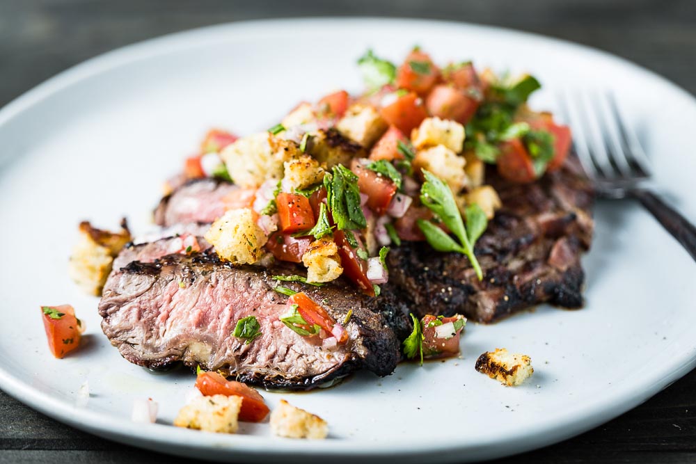 aussie flank steak with breadcrumb salsa closeup horizontal