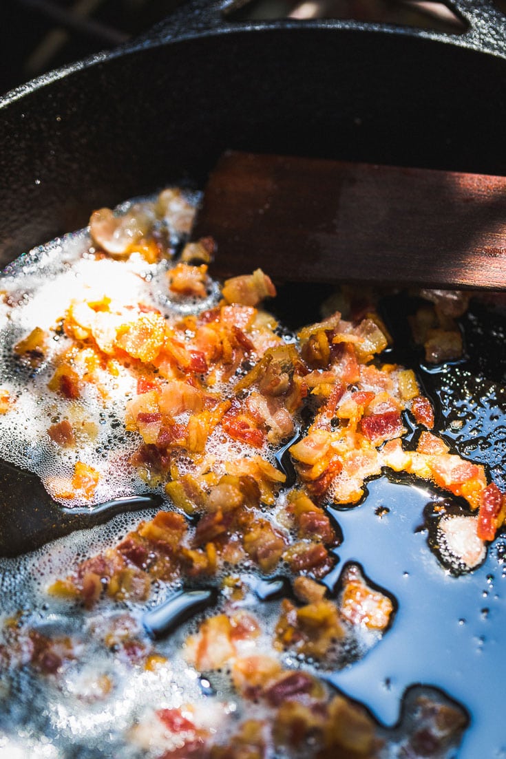 bacon in skillet for german potato salad