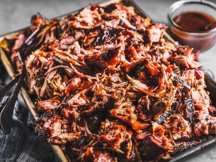bbq pulled pork on a sheet pan with bbq sauce horizontal 1