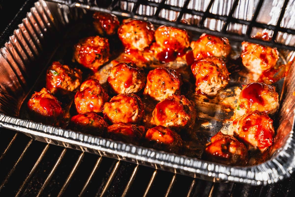 bbq turkey meatballs in a aluminum pan horizontal 2