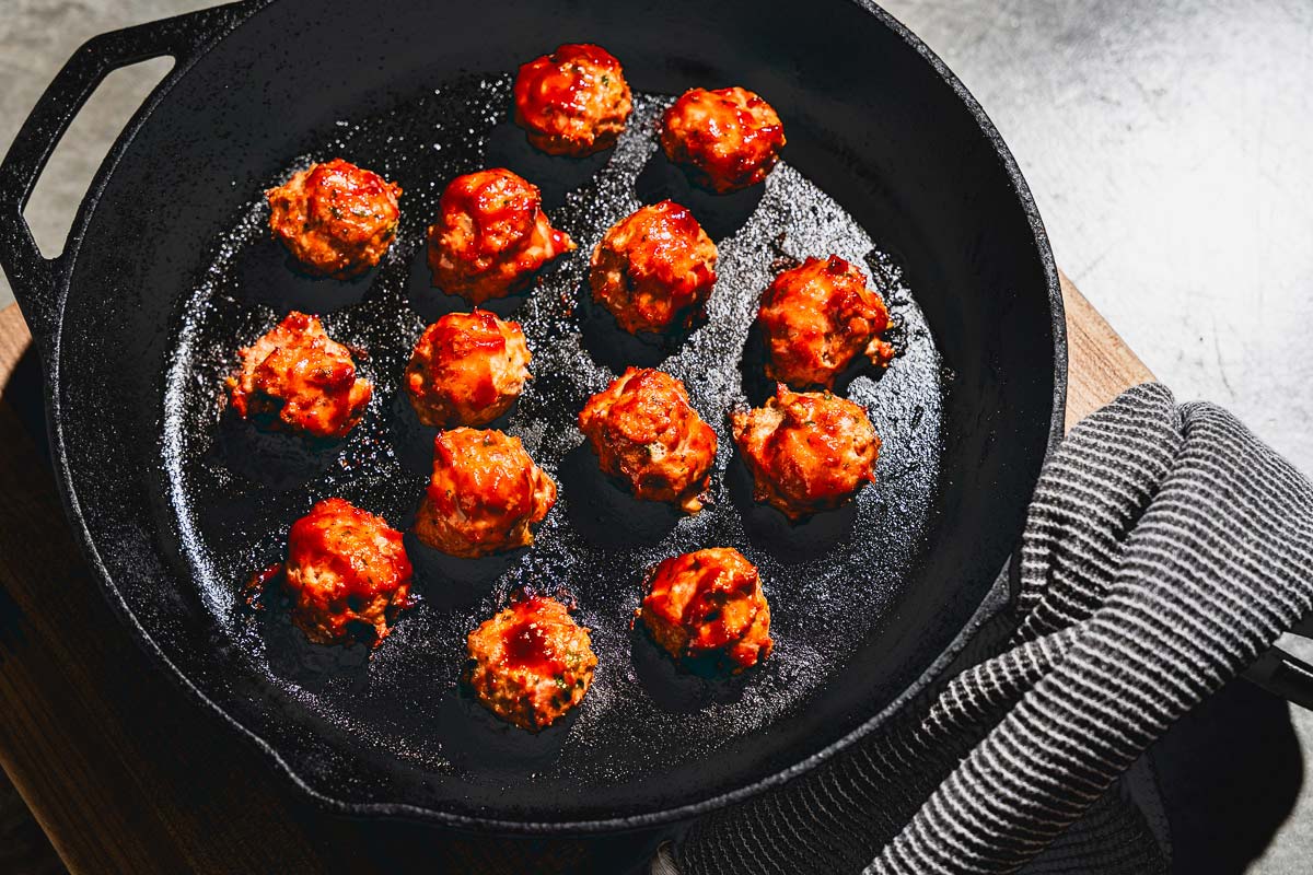 bbq turkey meatballs in skillet horizontal 3