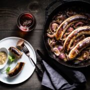 bratwurst sausage and onions overhead 1