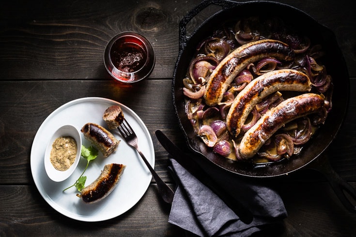 bratwurst sausage and onions overhead 1