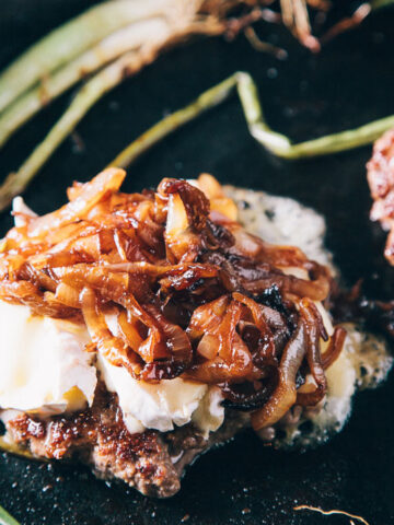 Brie + Caramelized Onion Burger | SaltPepperSkillet.com