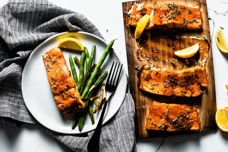 cedar plank salmon recipe on plate overhead