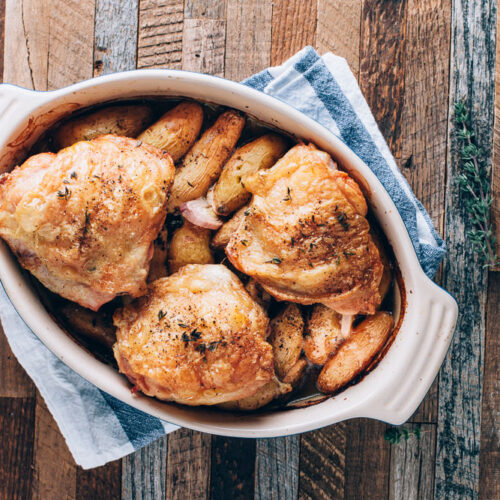 Easy Chicken Thighs + Fingerling Potatoes | SaltPepperSkillet.com