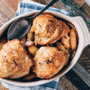 Easy Chicken Thighs + Fingerling Potatoes | SaltPepperSkillet.com