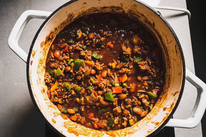 chili ready to simmer in pot