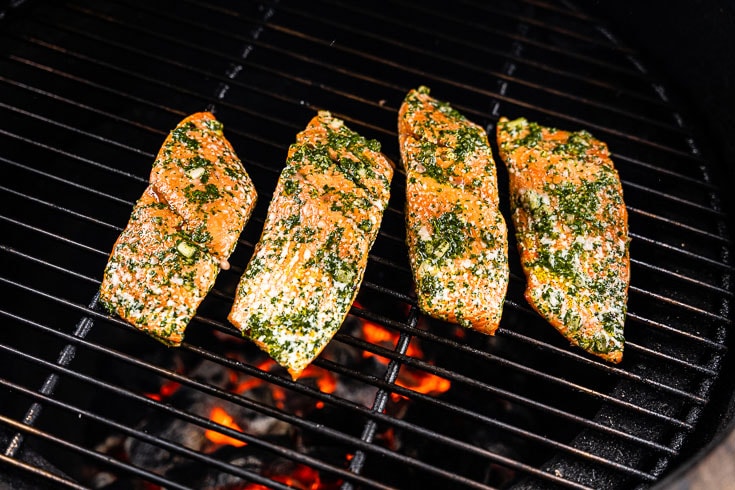 chimichurri grilled salmon on grill