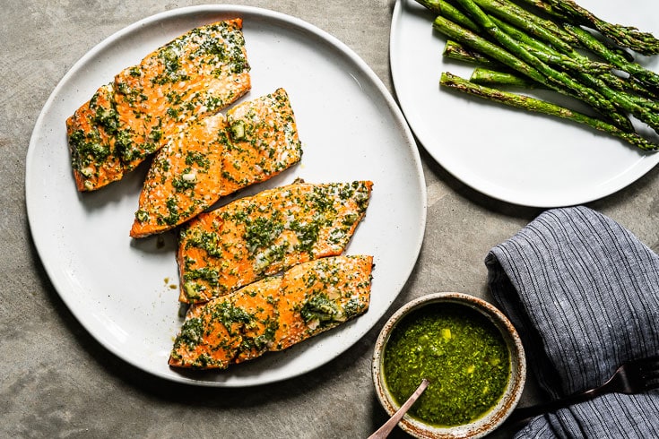 chimichurri grilled salmon on grill