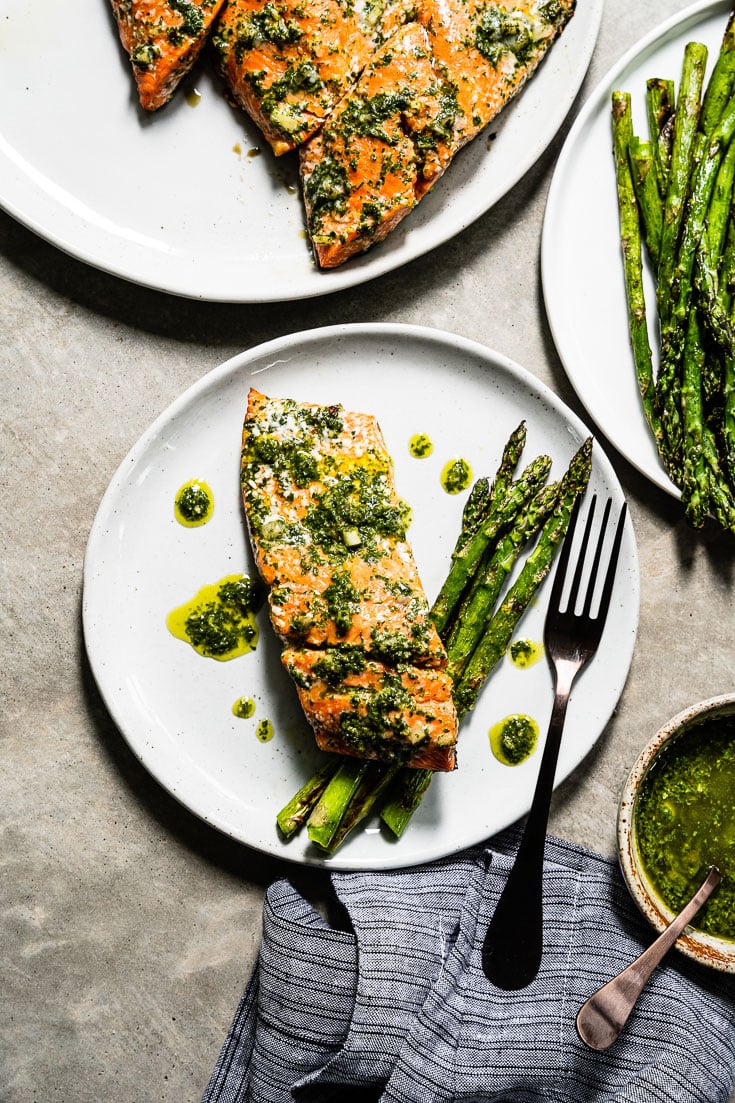 chimichurri grilled salmon overhead vertical