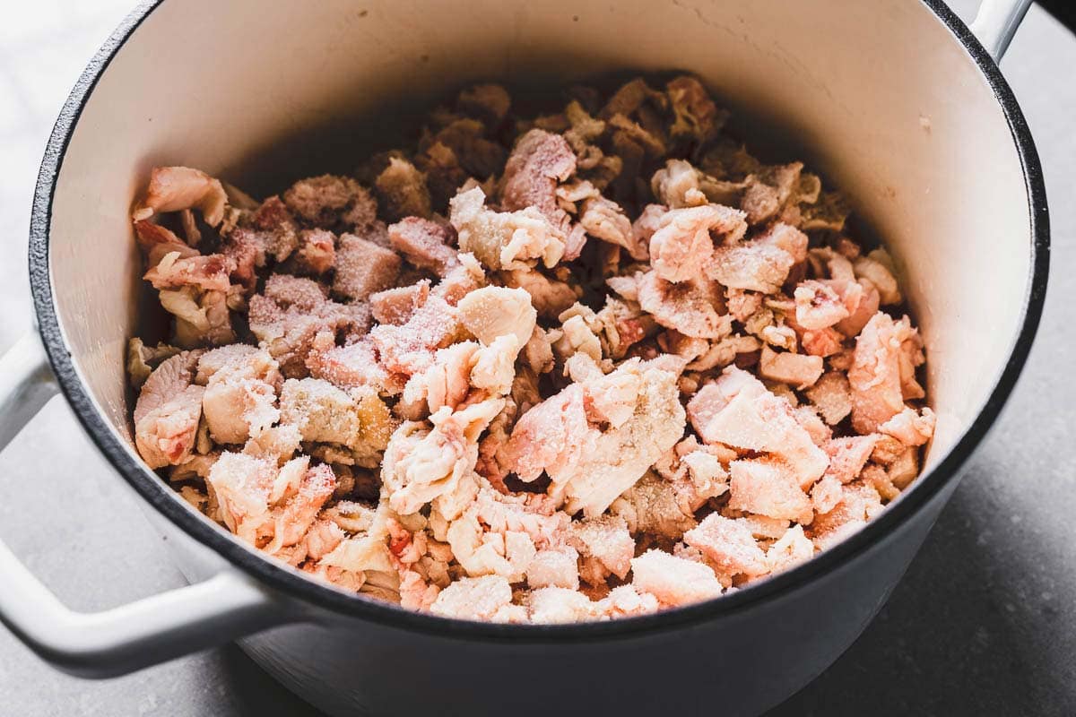 chopped beef fat in dutch oven for tallow