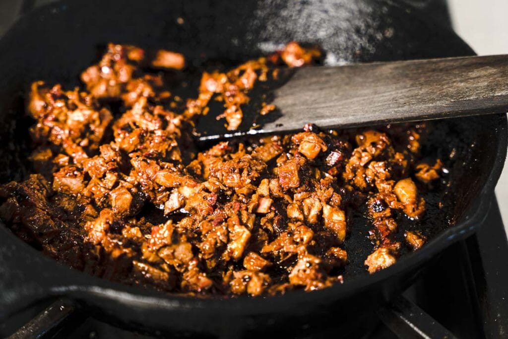 chopped brisket in skillet horizontal