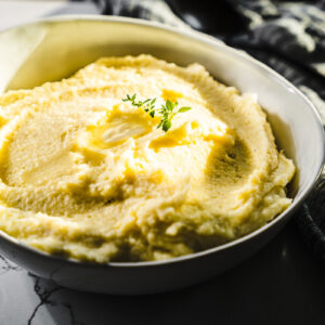 creamy mashed potatoes in a bowl overhead