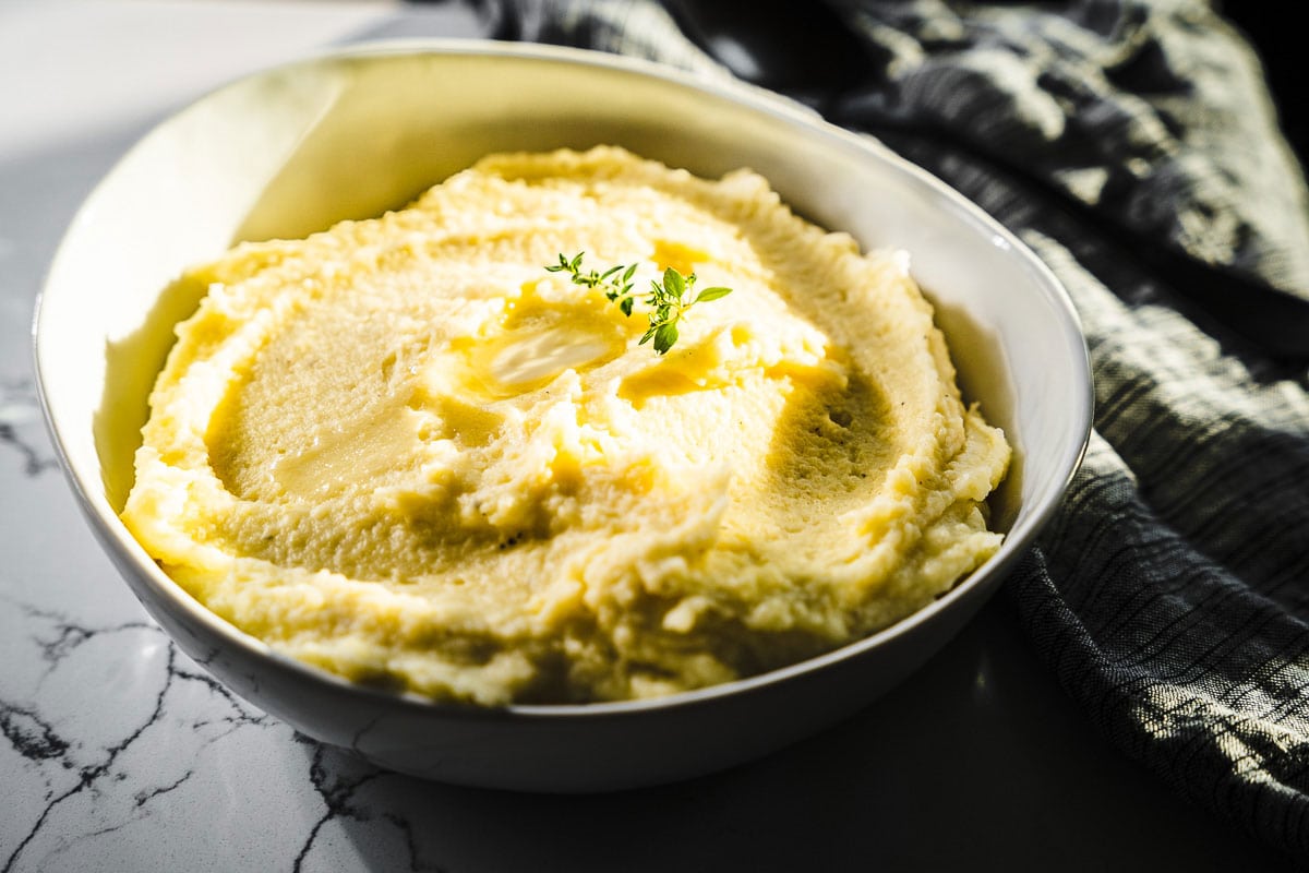 creamy mashed potatoes in a bowl overhead