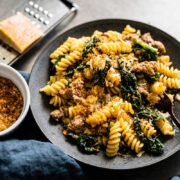 creamy sausage and kale pasta with breadcrumbs head on