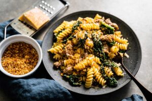 creamy sausage and kale pasta with breadcrumbs head on