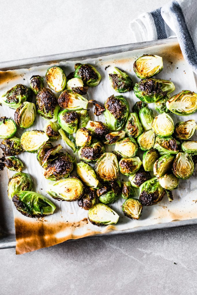 Crispy roasted brussels sprouts on sheet pan