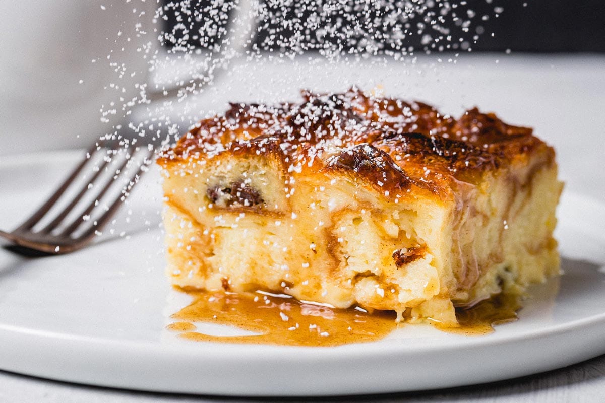 croissant bread pudding on a plate close up