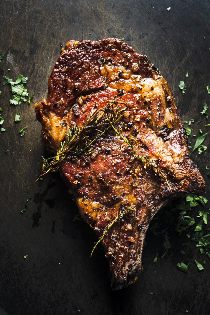 crusty reverse seared rib eye steak