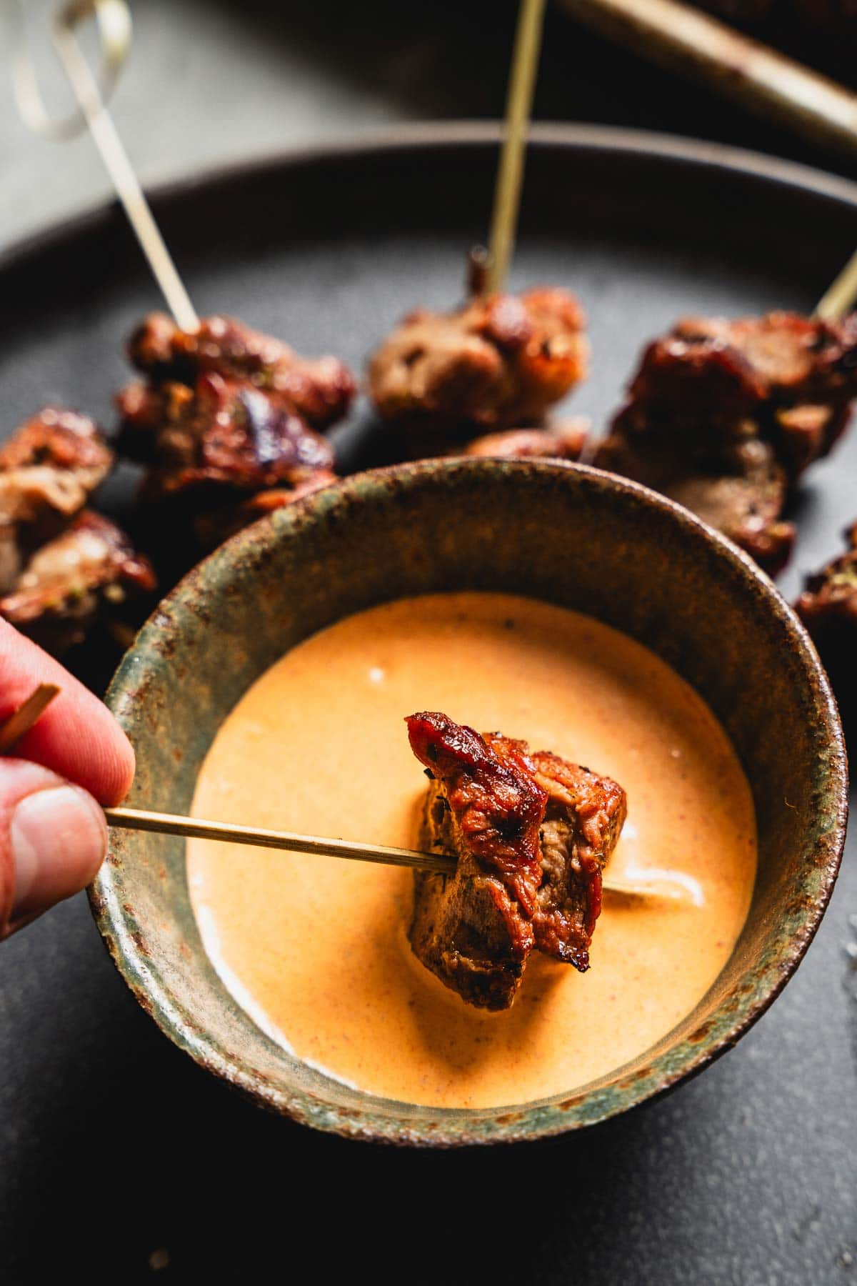 dipping lamb skewer in chipotle dipping sauce