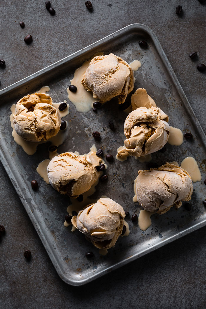 espresso ice cream scoops on sheet pan