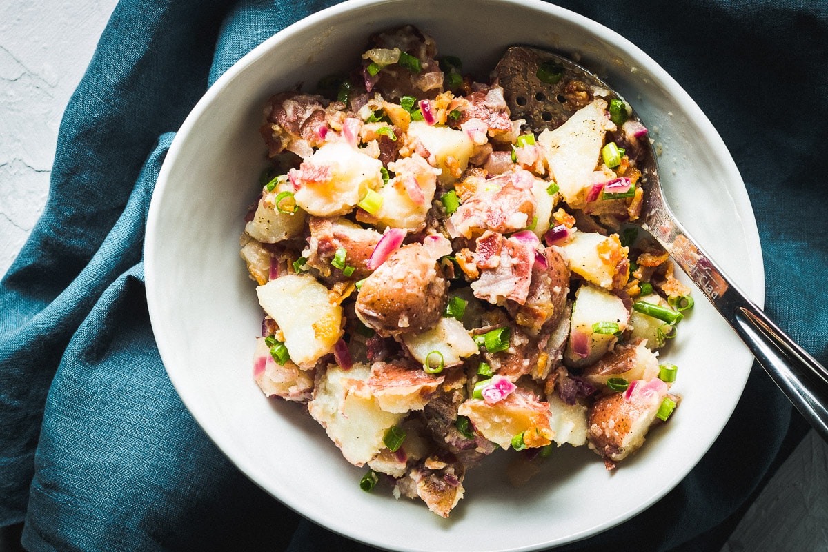 german potato salad recipe overhead in bowl