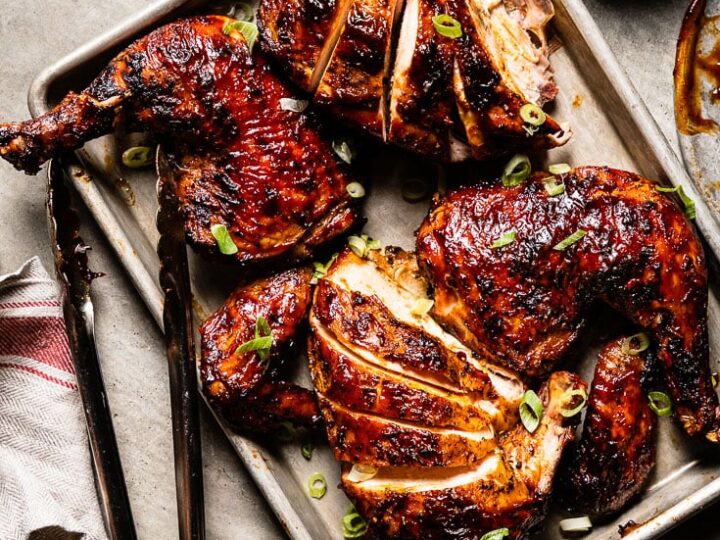 grilled bbq chicken with bbq sauce on sheet pan 2