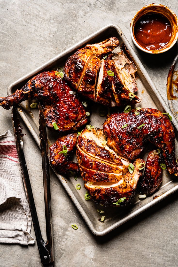 grilled bbq chicken with bbq sauce on sheet pan 2