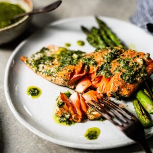 grilled chimichurri salmon on fork horizontal 2