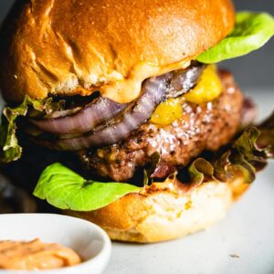 grilled lamb burger close up