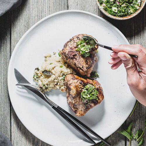 grilled lamb chops with mint chimichurri overhead