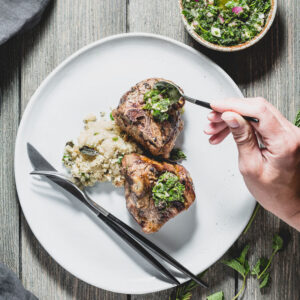 grilled lamb chops with mint chimichurri saucing