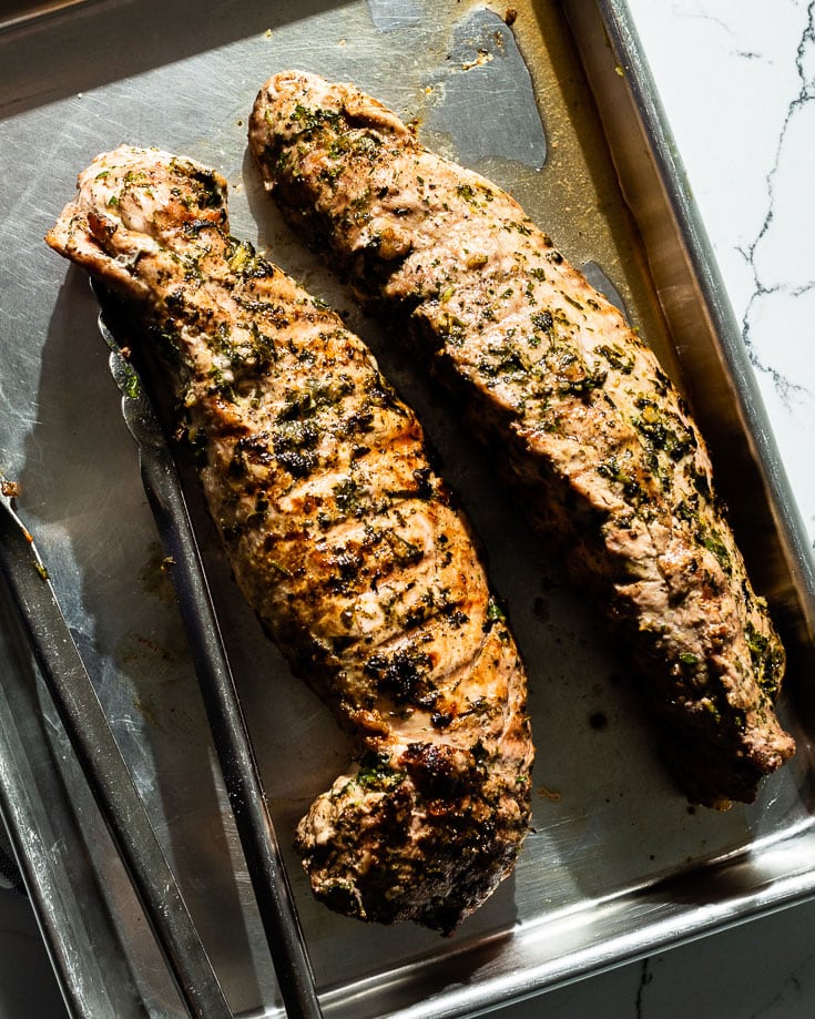 grilled pork tenderloin on sheet pan vertical