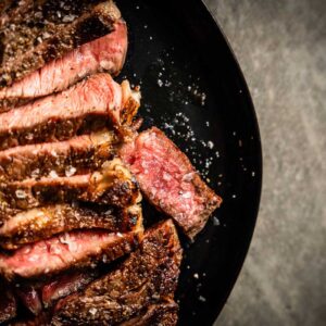 grilled rib eye steak close up