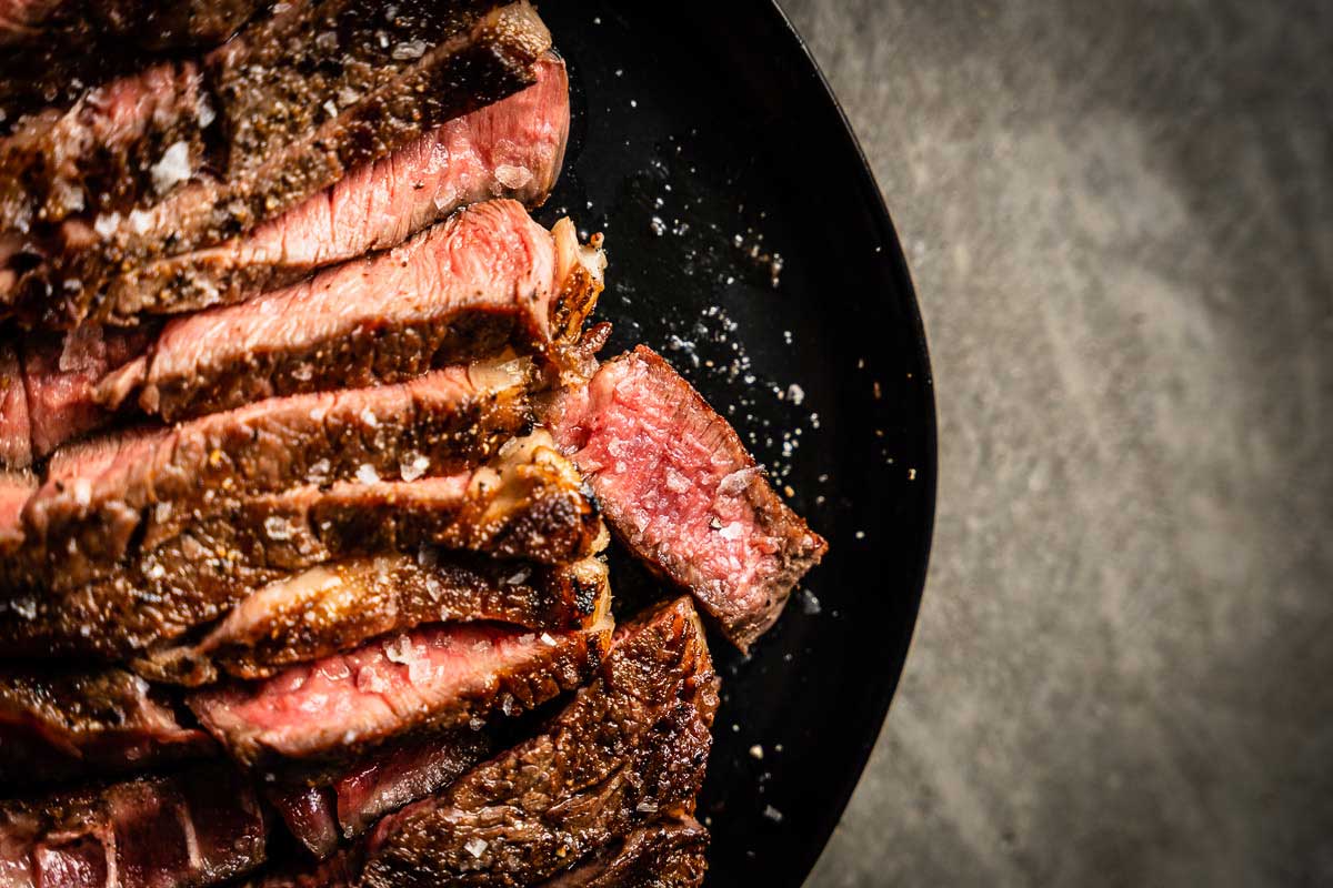 grilled rib eye steak close up